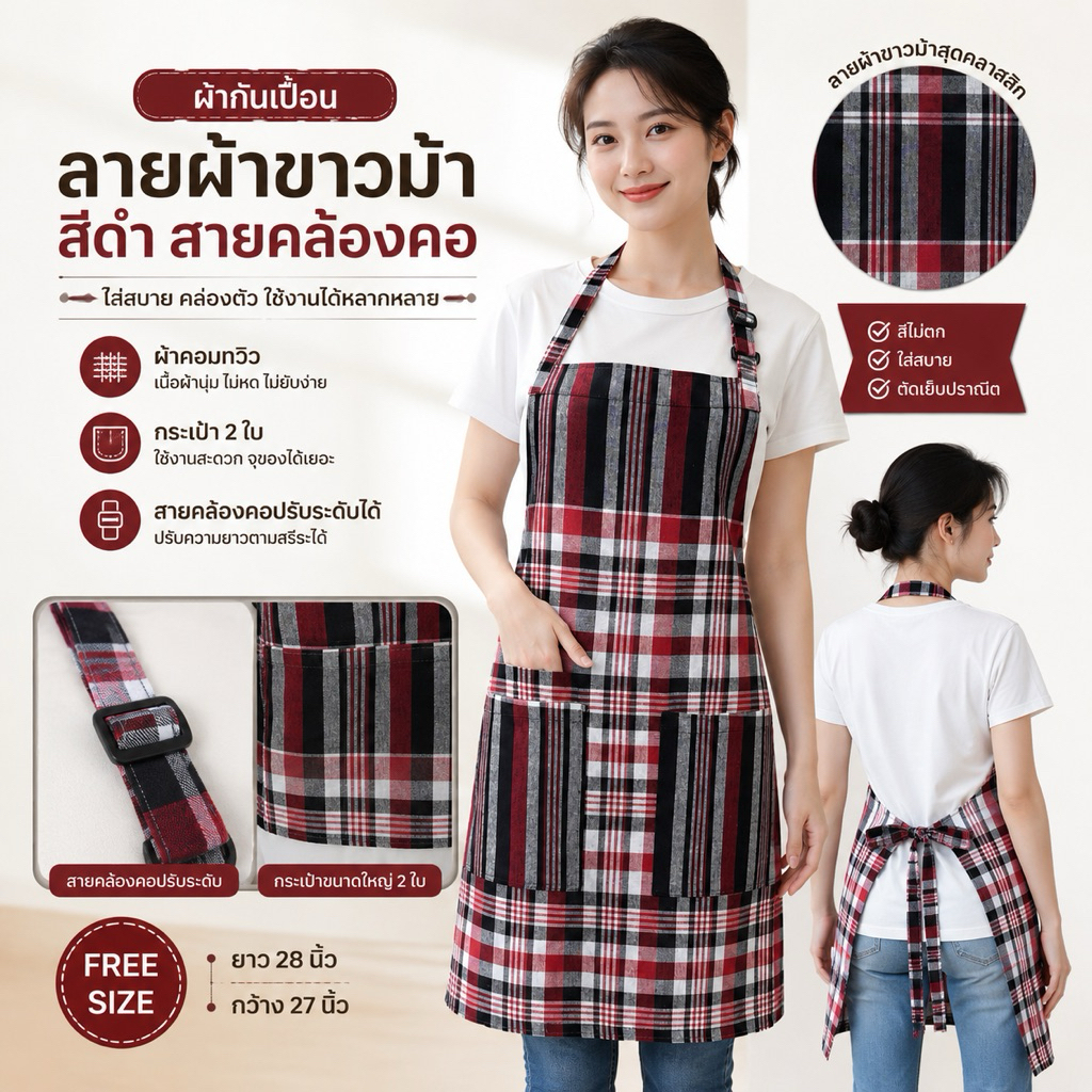 ผ้ากันเปื้อนลายผ้าขาวม้า สายคล้องคอ