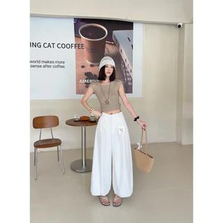 Gang_jeans#9539(K)กางเกงขายาวผู้หญิง เอวสูง ทรงบอลลูน ขาจั๊ม มีกระเป๋า ใส่เที่ยว ใส่ทำงาน แมทช์ง่าย สไตล์มินิมอล
