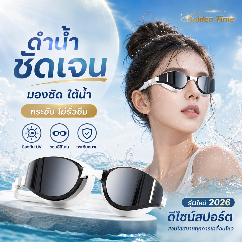【GoldenTime】แว่นตาว่ายน้ำผู้ใหญ่ เลนส์มิเรอร์ กันUV-หมอก-น้ำ100% มุมกว้าง ซิลิโคนนุ่ม สบายตา รุ่นใหม่มาแรง