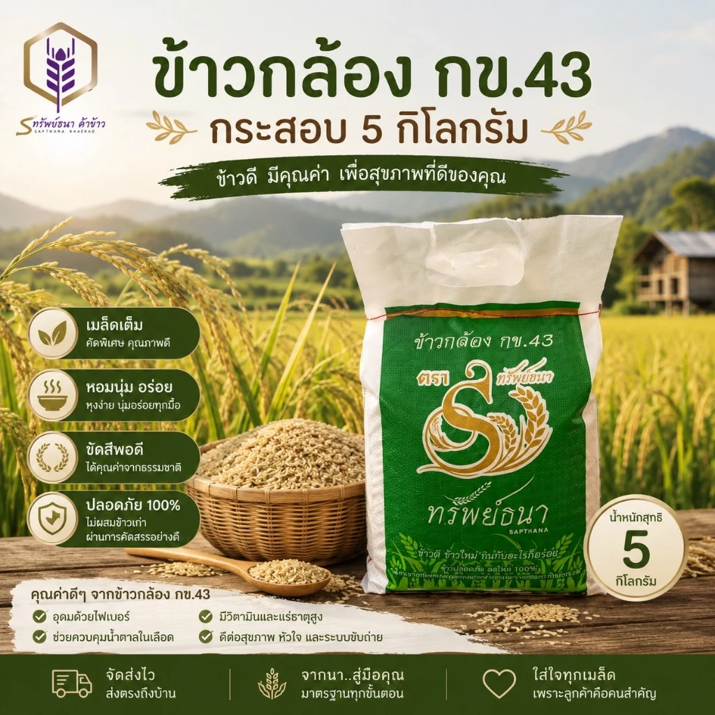 ข้าวกล้องกข43 กระสอบ5กิโลกรัม หอม อร่อย ตราทรัพย์ธนา