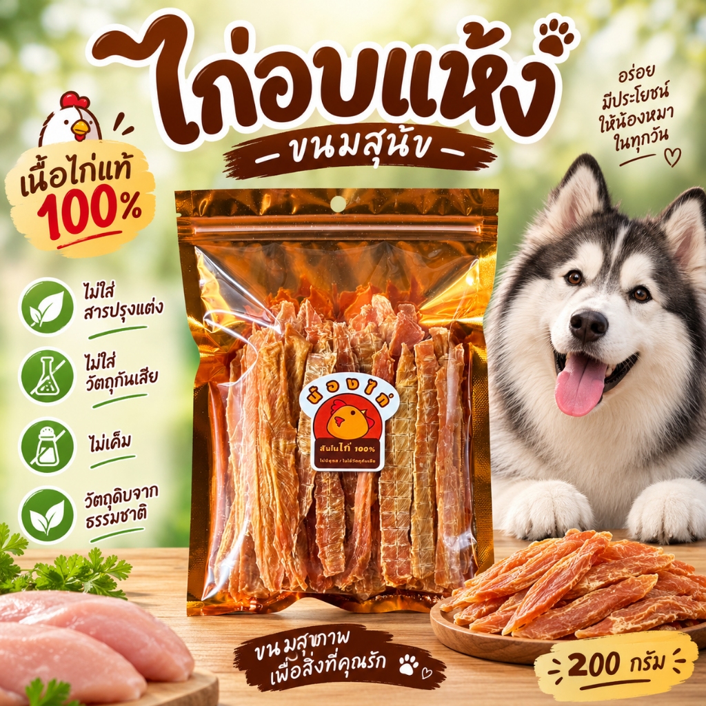ไก่อบแห้ง ขนมสุนัข ขนมแมว (สติ๊ก) ขนาด 200 กรัม By Nongkai