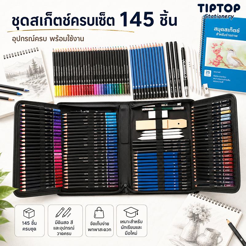 ชุดดินสอสี 145 ชิ้น มืออาชีพ วาดรูปกราฟฟิตี อุปกรณ์ศิลปะงานฝีมือ