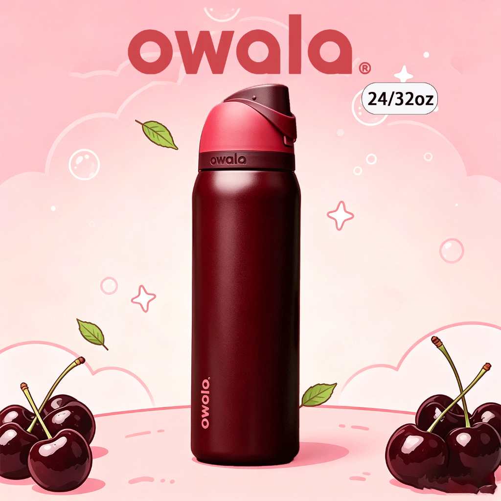 (พร้อมส่ง โค้ดลด) Owala Black Cherry FreeSip 24/32oz กระบอกเก็บร้อนเย็น สีดำลายเชอร์รี่ สแตนเลส316 กันรั่ว ของแท้ USA