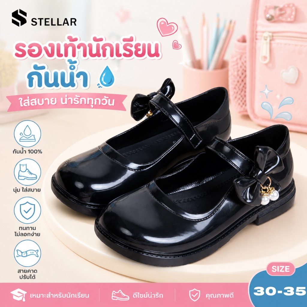 รองเท้าแมรี่เจนเด็ก กันน้ำ สีดำ นุ่ม ใส่สบาย พื้นกันลื่น โบว์น่ารัก รองเท้าไปโรงเรียน ไซส์ 30-35