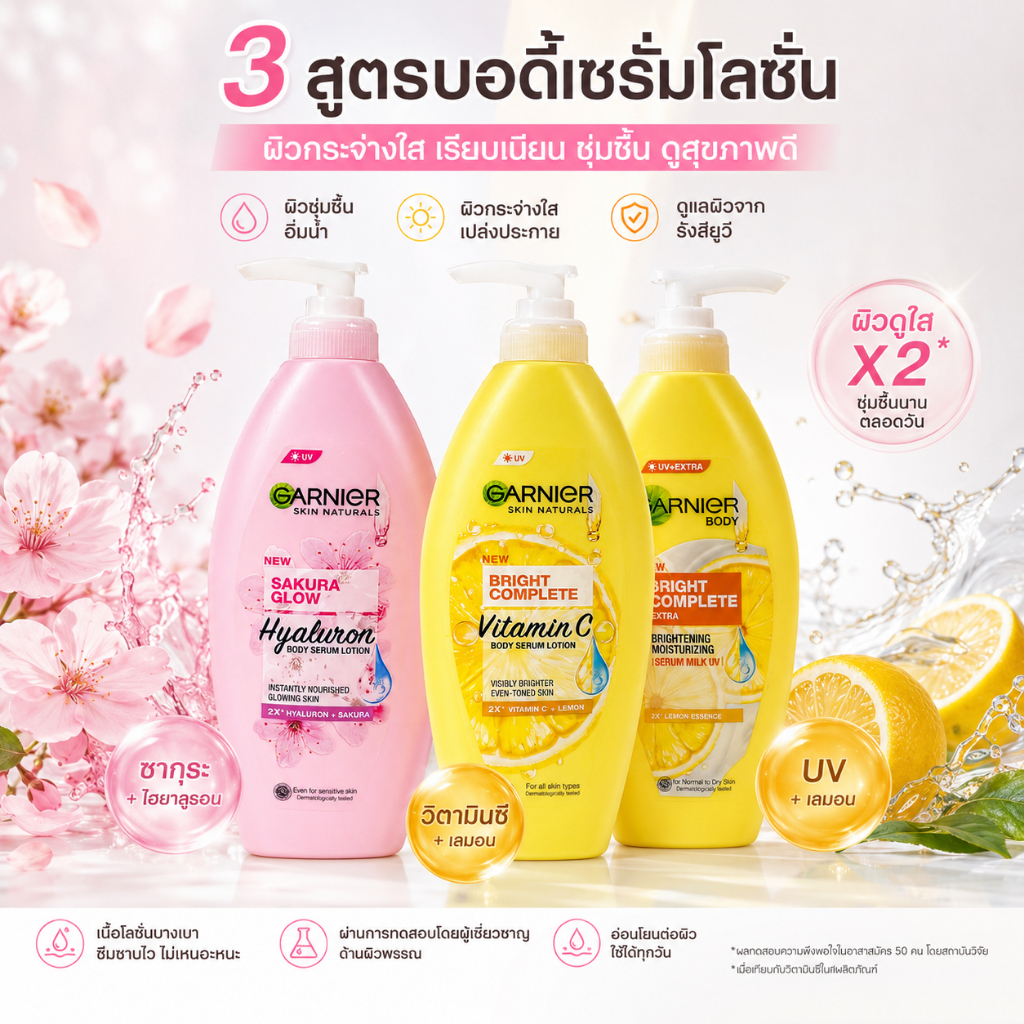 การ์นิเย่ โลชั่นบำรุงผิว 3 สูตร ซากุระไฮยาลูรอน วิตามินซี และเซรั่มมิลค์ยูวี ผิวชุ่มชื้น กระจ่างใส