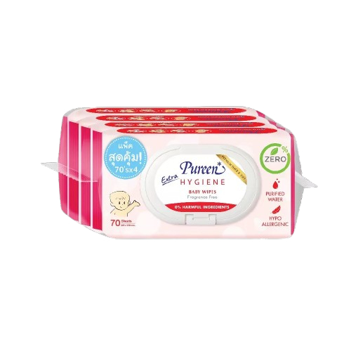 [Clearance] [แพ็ค 4] Pureen เพียวรีน เบบี้ไวพส์ สูตรเอ็กซ์ตราไฮจีน 70 แผ่น ยับยั้งเชื้อแบคทีเรียได้ ไม่ก่อให้เกิดการแพ้