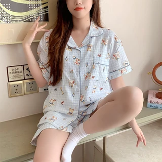 🌙ชุดนอนผ้าไหมญี่ปุ่นผู้หญิง บิ๊กไซส์ L-4XL ลายการ์ตูนน่ารัก ลายเมฆ แขนสั้นขาสั้น ผ้านุ่ม ใส่สบาย ส่งไวจากไทย