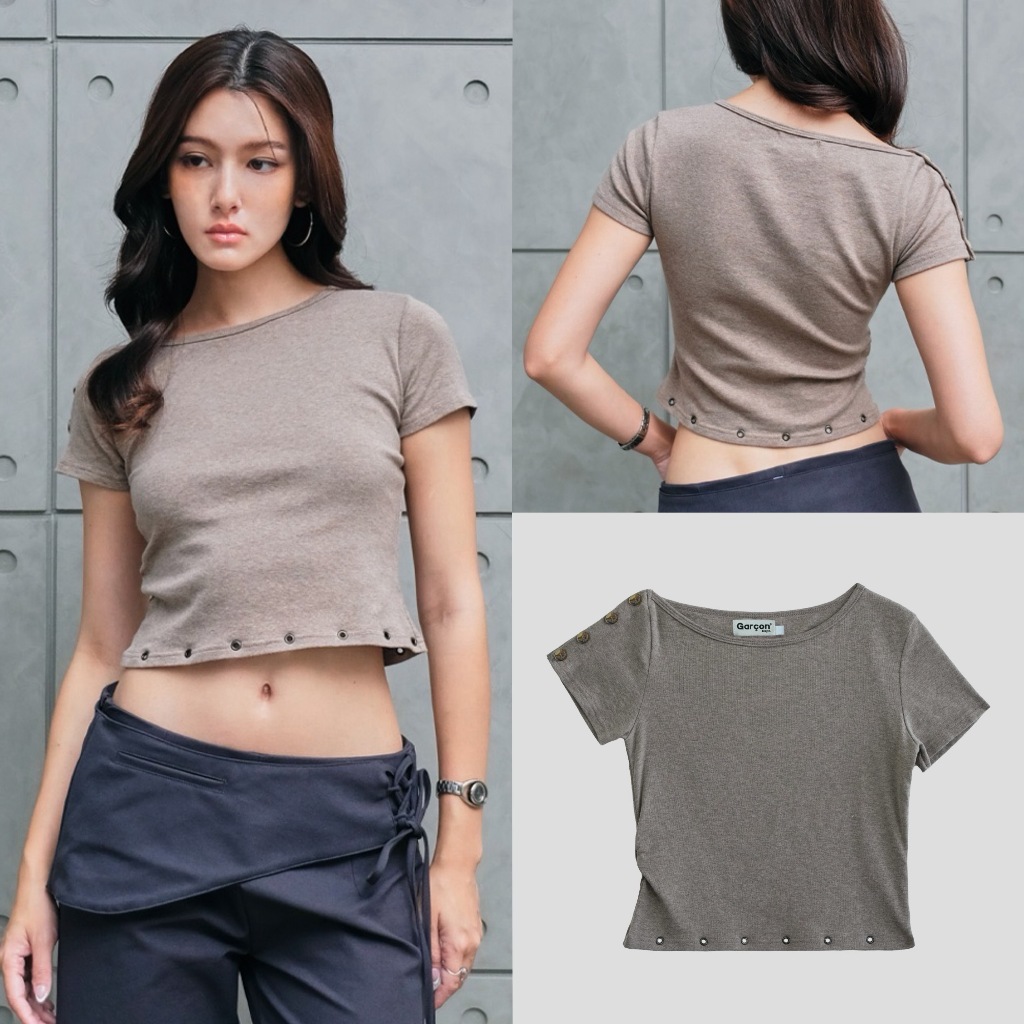 Garcon.dept | Button closure off-the-shoulder top | เสื้อเบบี้ทีแต่งหมุดกระดุม