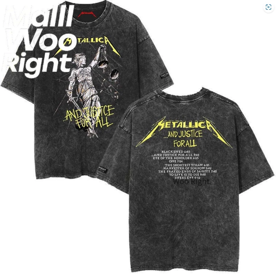 (จัดส่งตลอด 24 ชั่วโมง)Woo Right ชายเสื้อยืดสีดำฟอกขาวรอบคอ "METALLICA คอลเลกชัน" พิมพ์เสื้อหลวมพอดีวินเทจทำเก่าด้านบน