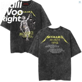 (จัดส่งตลอด 24 ชั่วโมง)Woo Right ชายเสื้อยืดสีดำฟอกขาวรอบคอ "METALLICA คอลเลกชัน" พิมพ์เสื้อหลวมพอดีวินเทจทำเก่าด้านบน