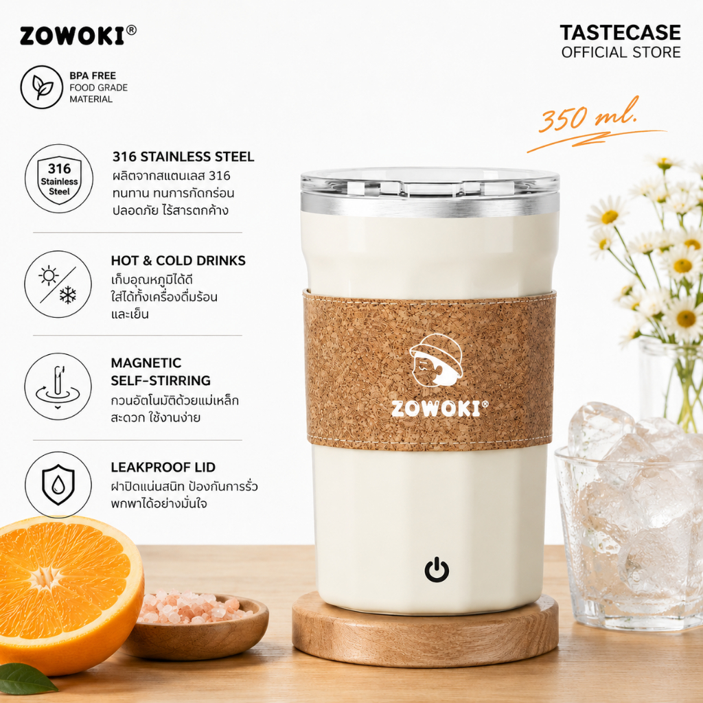 Zowoki Z01-350 กระบอกน้ำรักษาอุณหภูมิ แก้วเก็บความเย็น-ร้อน พร้อมที่คนอัตโนมัติ ความจุ 350 ml.