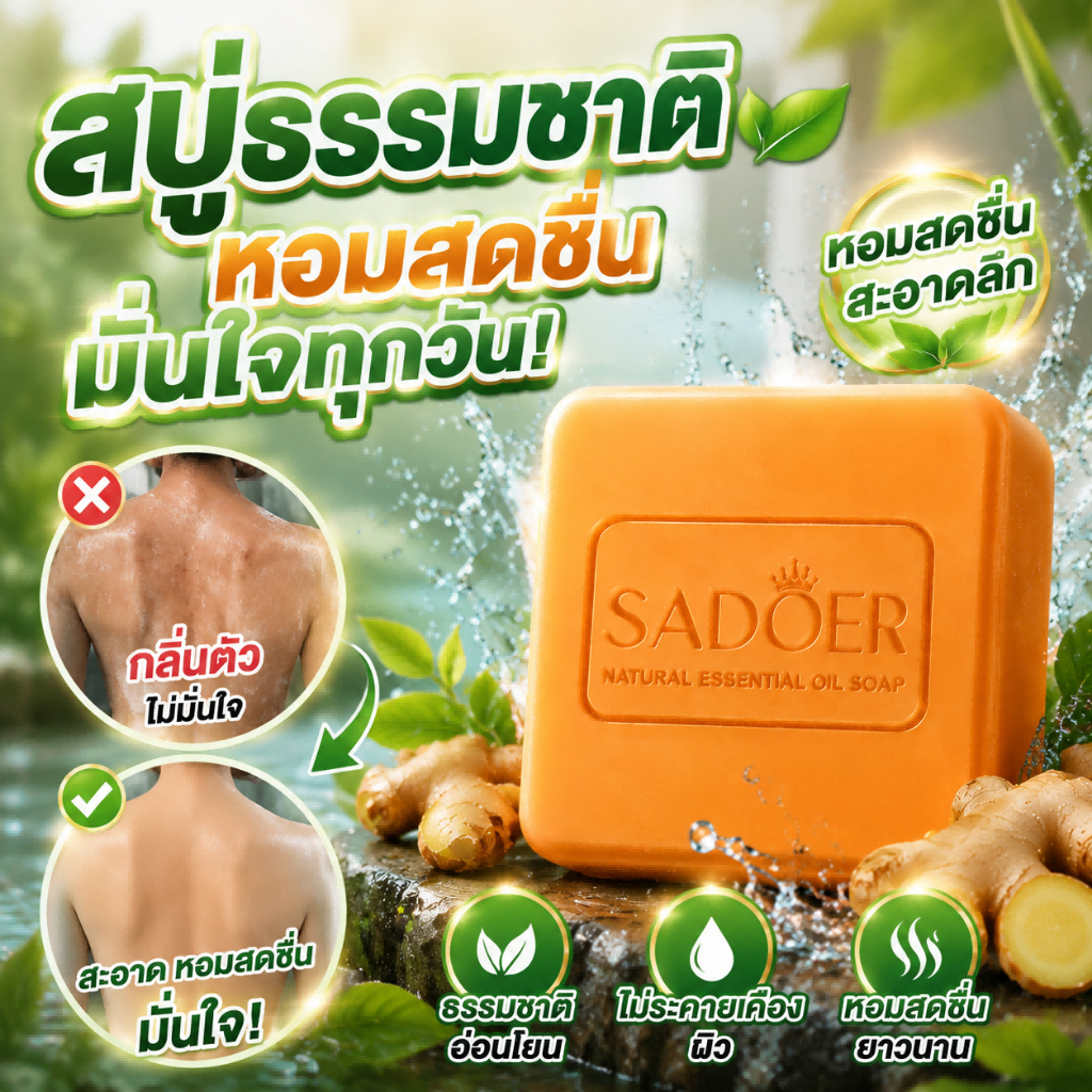 สบู่ สบู่ขิง สบู่น้ำมันหอมระเหย สบู่ขิงออร์แกนิค สารสกัดจากขิงธรรมชาติ 99%บำรุงผิวให้ชุ่มชื้น ทำความสะอาดล้ำลึก คุมมัน