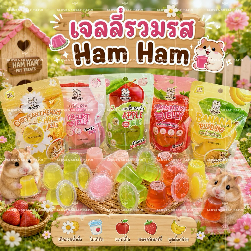 🍓🍏🍌Jelly Ham Ham Bakery เจลลี่สำหรับสัตว์ หนูแฮมเตอร์ หนูแก๊สบี้ กระต่าย ชูการ์ ขนาด 60 กรัม มี 4 ชิ้น 15g. x 4pcs🍯🥣🌼