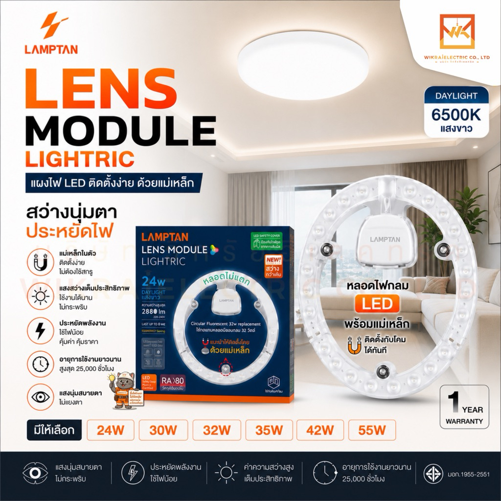 LAMPTAN หลอดไฟกลม LED Lens Module 24W 30W 32W 35W 42W 55W แสงขาว พร้อมแม่เหล็กติดตั้งกับโคมได้ทันที แผงไฟLED