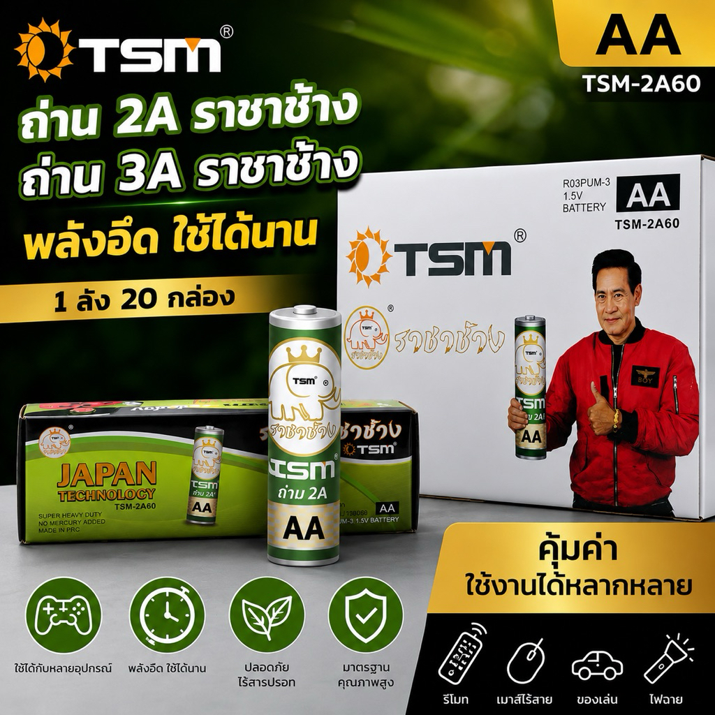 ถ่าน2A 3Aถ่านไฟฉาย (ยกลัง20กล่อง) 1200ก้อน ราชาช้าง แท้ รุ่น TSM-3A60 2A60ถ่านไฟฉาย ถ่าน3A 2A