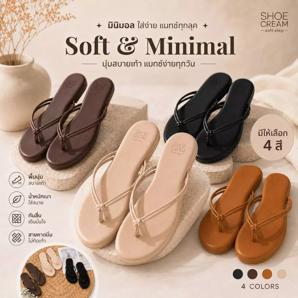 [งานคนไทย]รองเท้าแตะผู้หญิงสไตล์เกาหลี มินิมอล พื้นนุ่ม ใส่เที่ยว คาเฟ่ SHOE CREAM