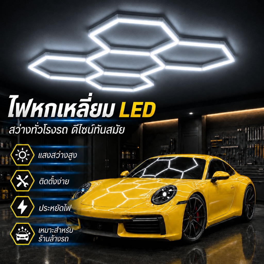 ไฟรังผึ้งหกเหลี่ยม LED ไฟรังฝิ้ง ไฟโรงรถหกเหลี่ยมโคมไฟ ไฟโชว์รถแ ความสว่างสูง ปร ไฟคาร์แคร์ Car Washing Station LED