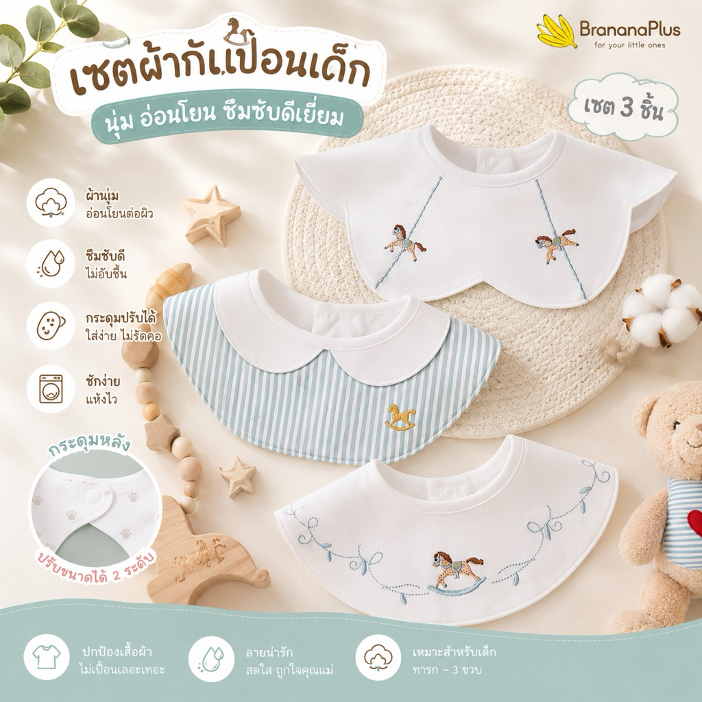BrananaPlus ผ้ากันเปื้อนเด็ก ผ้าซับน้ำลายเด็ก ลายปัก ลายสกรีน รุ่นกันน้ำ HPLY3