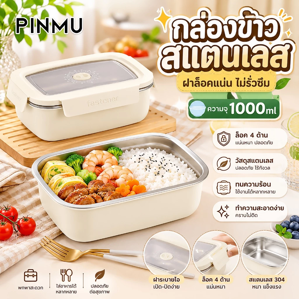 PINMU กล่องอาหารกลางวันสแตนเลส สีขาวครีม รุ่นฝาล็อค-กันหก 1000ML กล่องข้าว กะปุกข้าว แบบพกพา