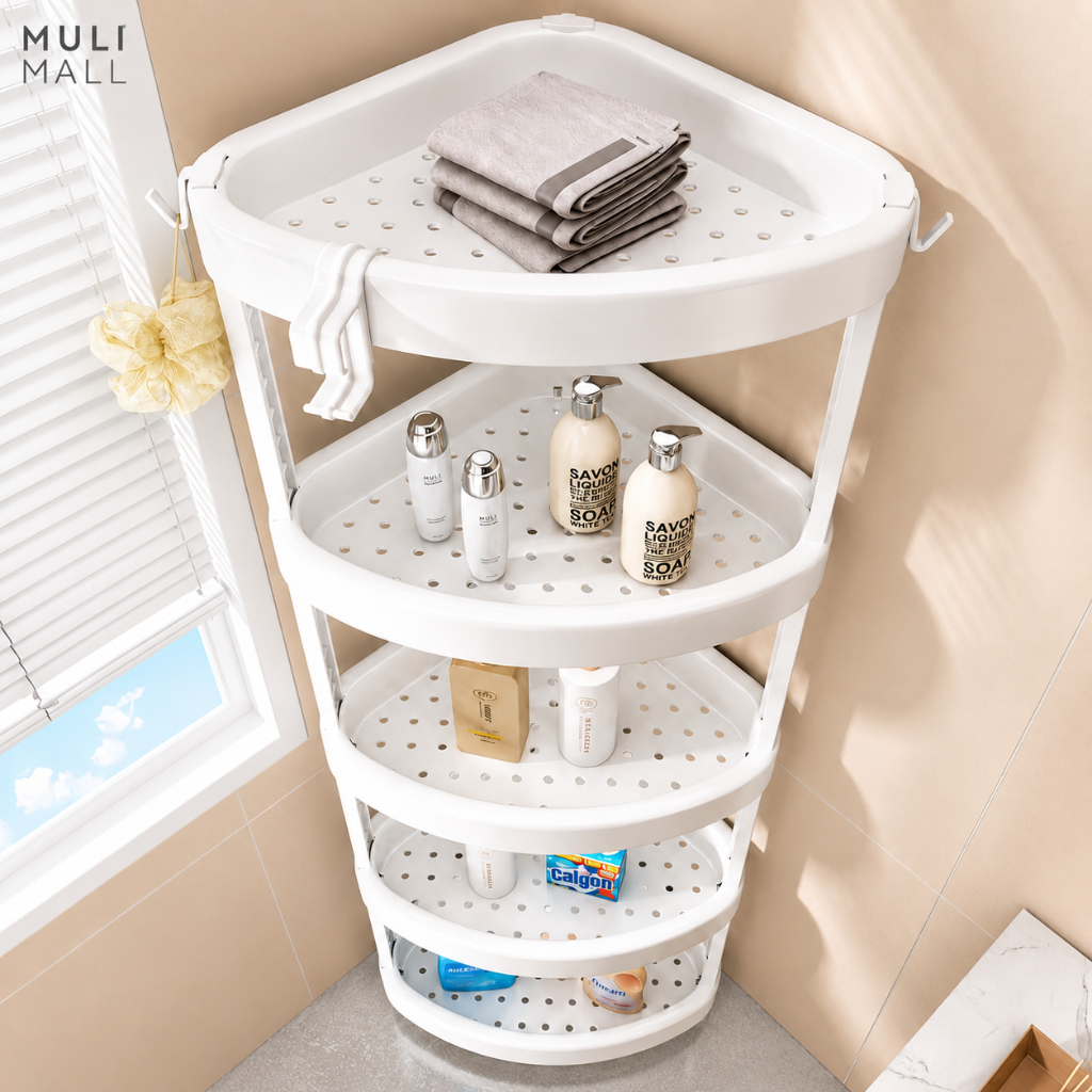 MULI ชั้นวางของในห้องน้ํา ชั้นวางของเข้ามุม 3/4/5 เก็บของใช้ในห้องน้ำ การออกแบบกลวง