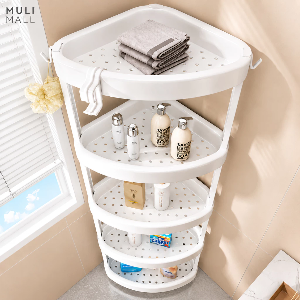 MULI ชั้นวางของในห้องน้ํา ชั้นวางของเข้ามุม 3/4/5 เก็บของใช้ในห้องน้ำ การออกแบบกลวง