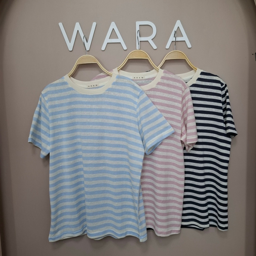 [ WA23 ] WARA เสื้อยืดคอกลม โอเวอร์ไซส์ ลายริ้ว ผ้าคอตตอนสลาฟ ใส่สบาย