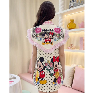 (Limited มี3XL) Maria Diamond ชมพูครีม Friendship Star Dress เดรสทรงปล่อยปกวินเทจผ้าไหมเกาหลีพิมพ์ลาย กระดุมหน้า ปกเชิ้ต