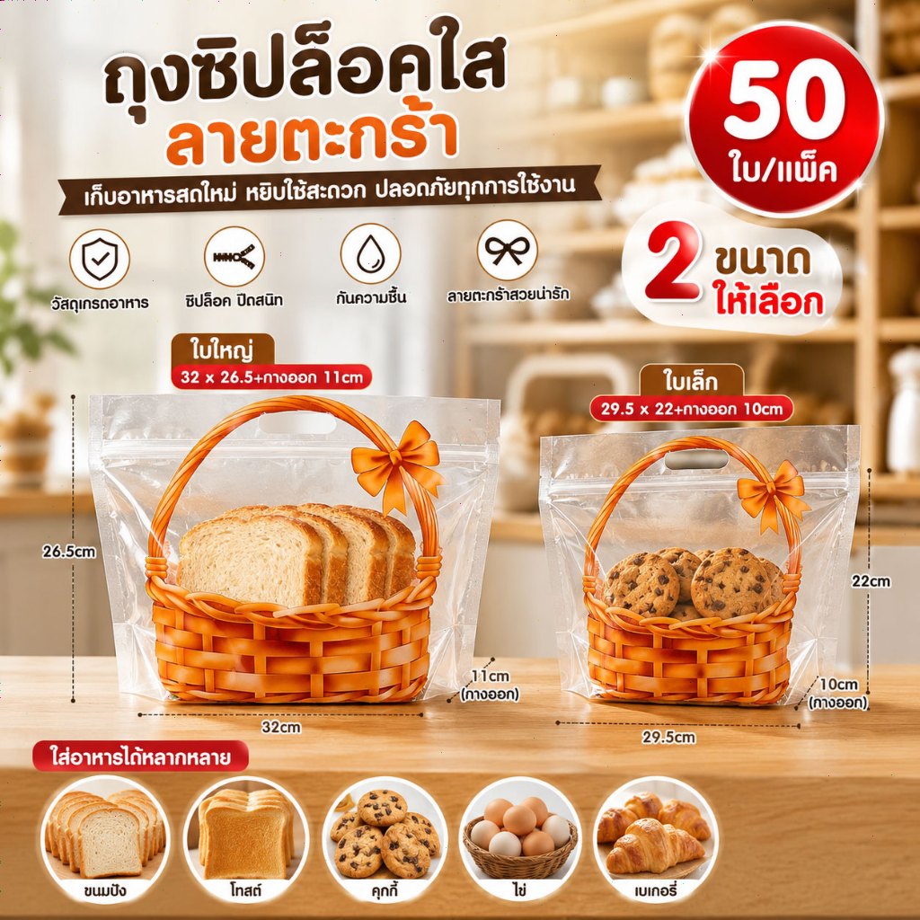 50ใบ/แพ็ค ถุงขนมปังเกรดพรีเมียม ถุงหูหิ้วใส ถุงใส่ขนม ซีลปิด ลายตะกร้าสวยงาม หน้าต่างใสเห็นเนื้อขนมปังชัด แข็งแรงทนทาน