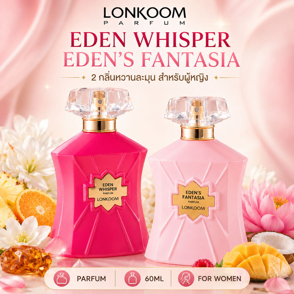 Lonkoom Perfume 60 ml น้ำหอม EDP รุ่น Eden Whisper และ Eden's Fantasia น้ำหอมสำหรับผู้หญิง กลิ่นหอมผลไม้