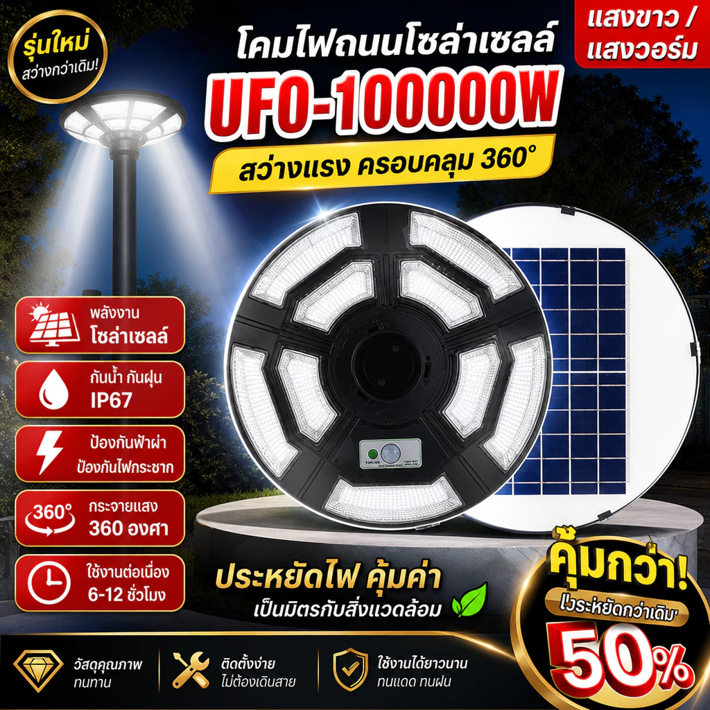 ไฟโซล่าเซลล์ สว่างยันเช้า UFO 100,000w 9ช่องไฟ 750LED. พลังงานแสงอาทิตย์100%