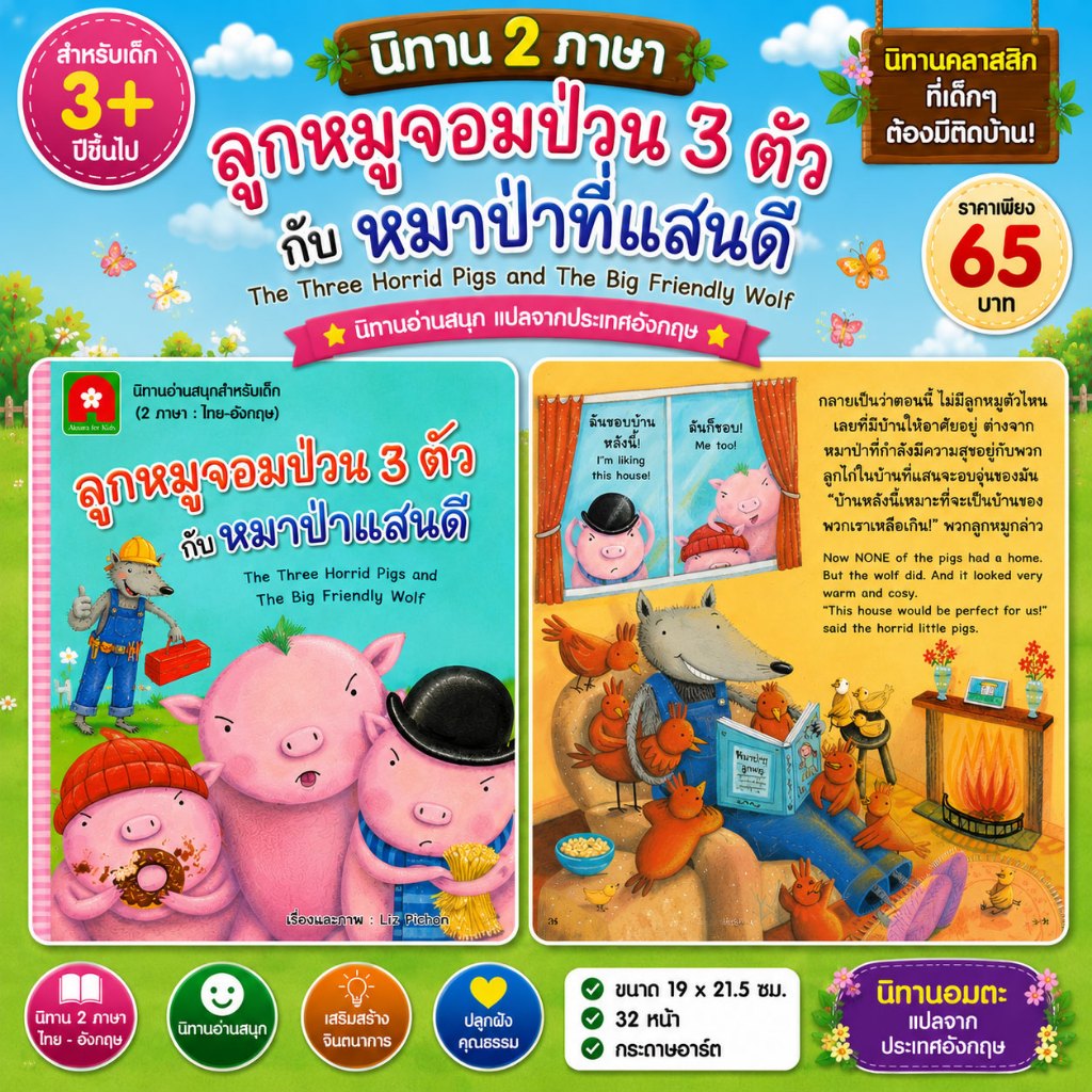 Aksara for kids หนังสือเด็ก นิทาน 2 ภาษา ลูกหมูจอมป่วน 3 ตัว กับ หมาป่าที่แสนดี