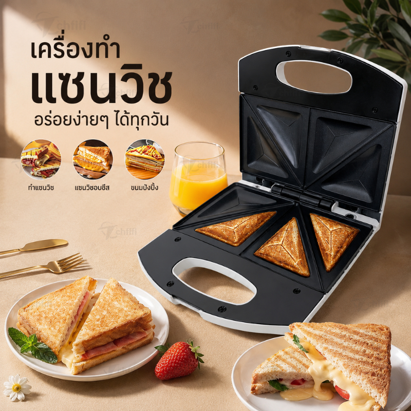 เครื่องทำแซนวิชคู่ ปิ้งขนมปัง ทำอาหารเช้า รุ่น EL-227 ไม่ติด