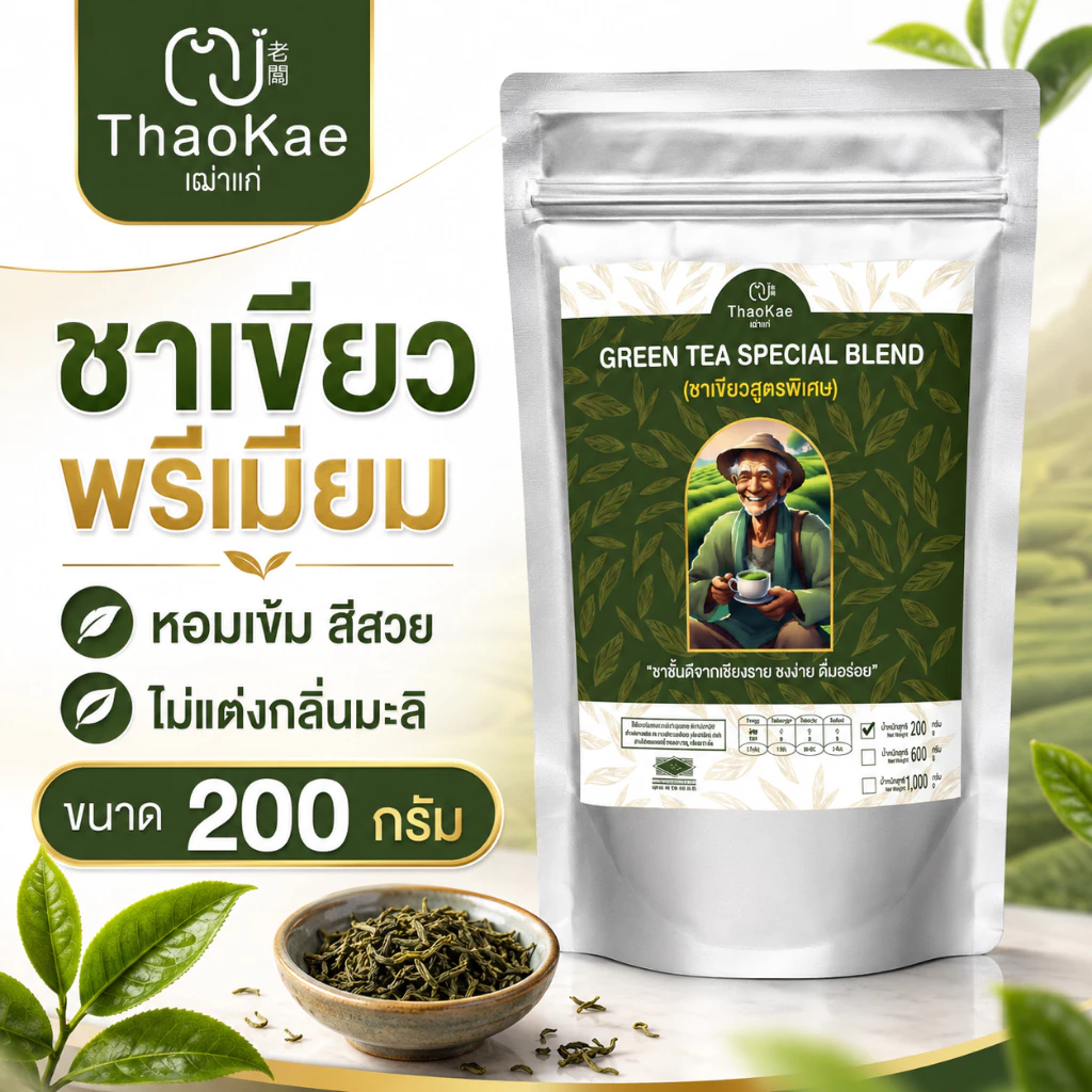 ชาเขียวพรีเมียม ตราเฒ่าแก่ ใบชาป่าแท้ ไม่แต่งกลิ่นมะลิ ชาเขียวเย็น ชานม [ขนาด 210g / 610g / 1.02kg]