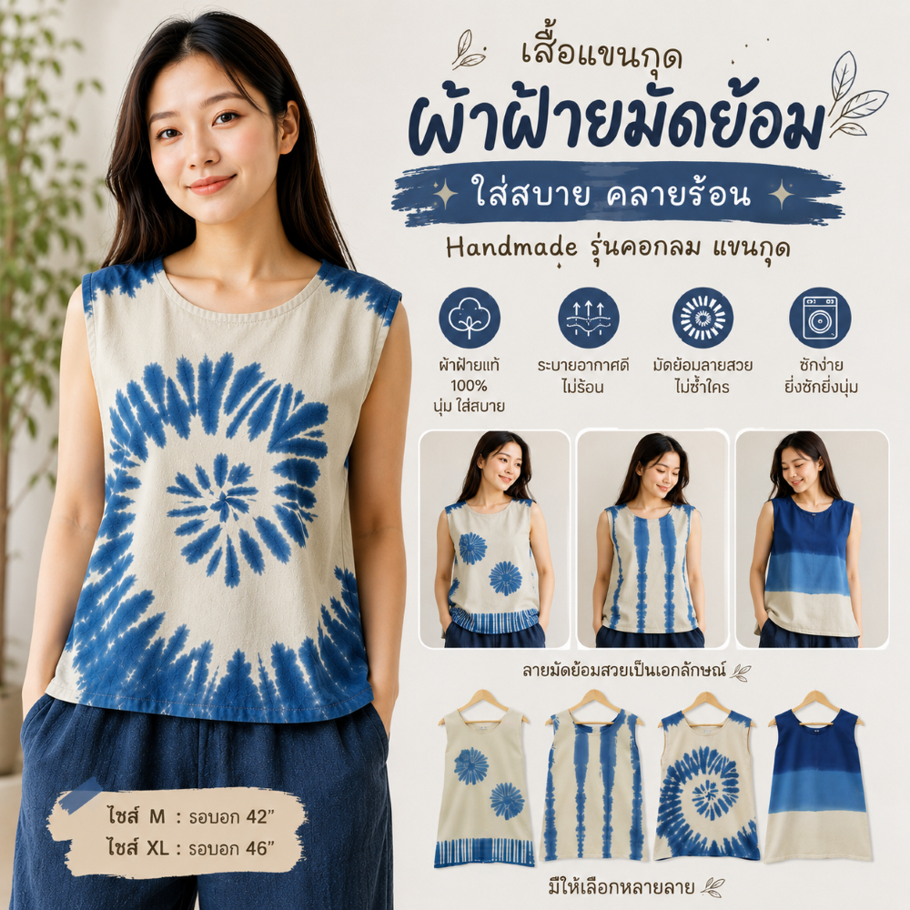 เสื้อแขนกุด ผ้าฝ้ายมัดย้อม ใส่สบาย คลายร้อน