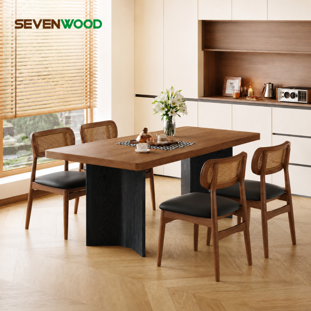 SEVENWOOD โต๊ะกินข้าว โต๊ะอาหารลายวอลนัท 4 ที่นั่ง ทนความร้อน ทนรอยขีดข่วน เช็ดทำความสะอาดง่าย ฐานแข็งแรง ไม่โยกเยก