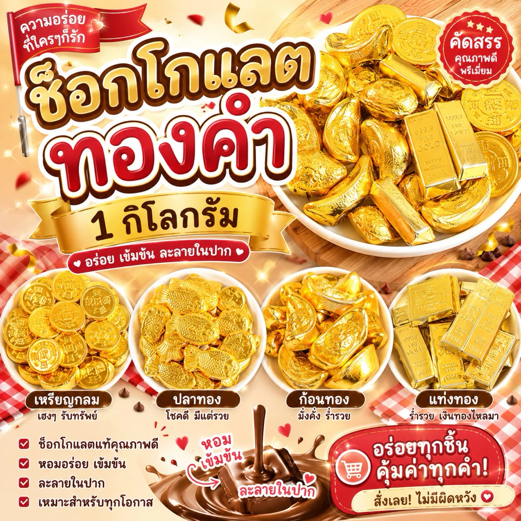 🍫ช็อกโกแลตทองราคาส่ง 1 กิโลกรัม มีให้เลือกหลากหลาย ยิ่งแช่เย็นยิ่งอร่อย ของเราเราไม่หวานมาก อร่อยกำลังดีค่ะ😋