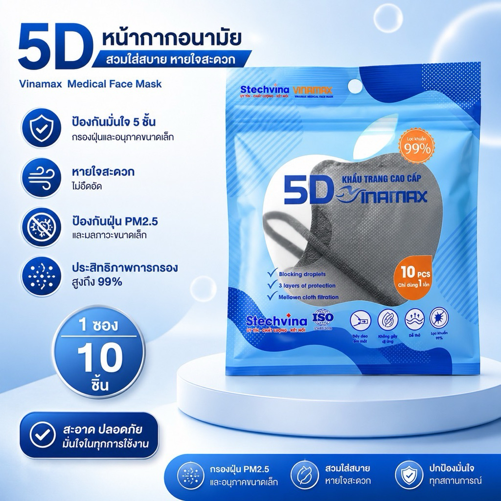 หน้ากากอนามัย 5D สีดำ 10 ชิ้น/แพ็ค หน้ากาก 3 ชั้น กรองฝุ่น ใส่สบาย หายใจสะดวก ใช้ครั้งเดียว พร้อมส่ง