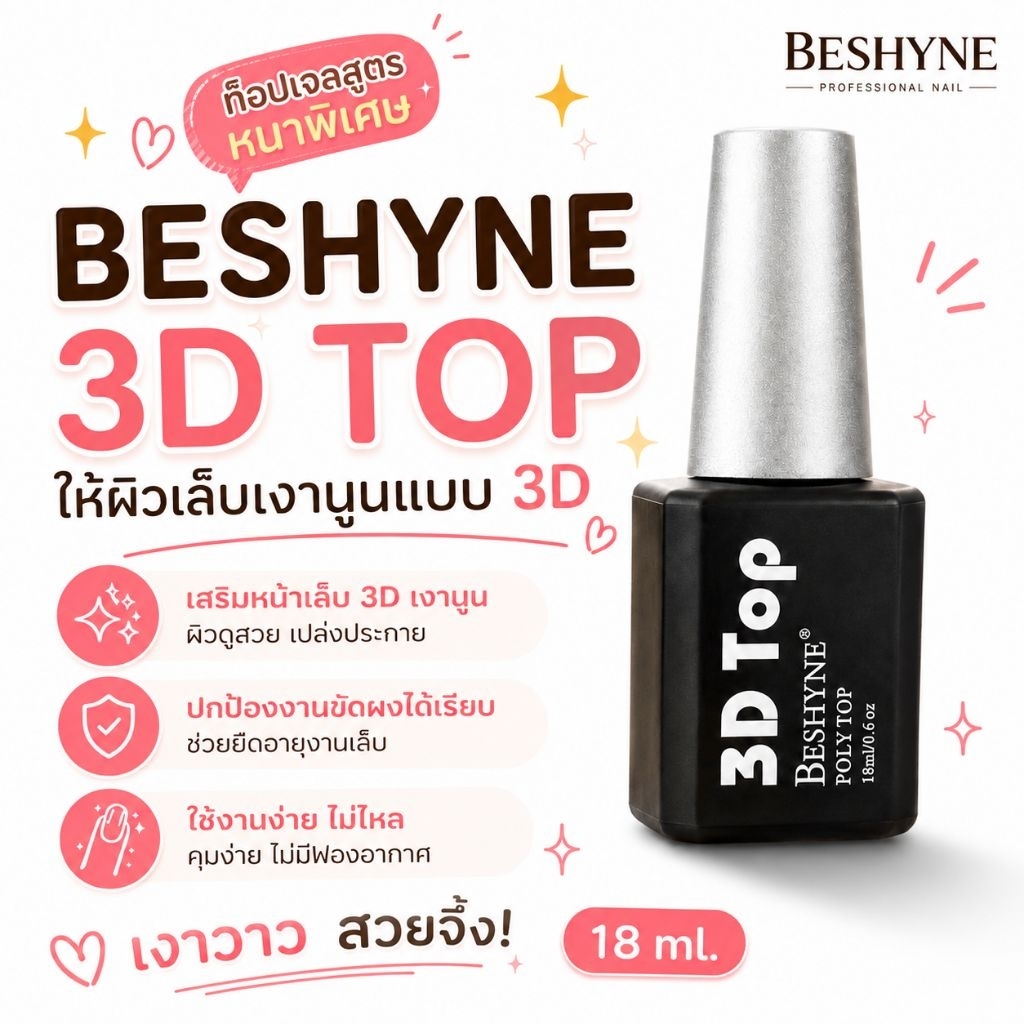 จัดส่งทันที ♡ BeShyne 3D Top | ท็อปเจล 3D ท็อปหนา ปิดผิวเล็บ ท็อปซีลขัดผง 18ml.