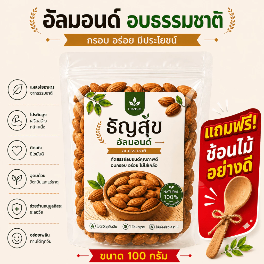 อัลมอนด์ (100g) สูตรอบกรอบพร้อมทาน (Natural Roasted Almonds)