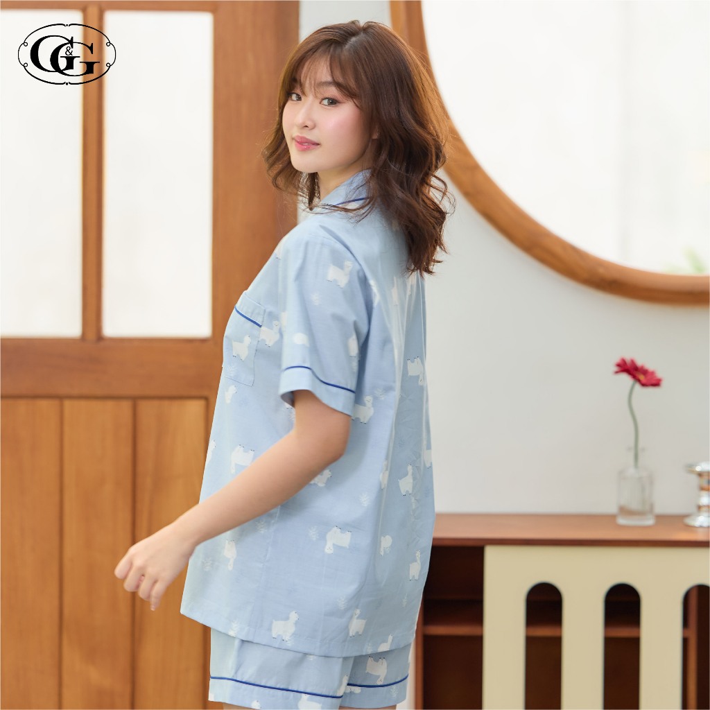 G&G ชุดนอน เสื้อแขนสั้นคอปก กางเกงขาสั้น ผ้าคอตตอน Alpaca Collection EN1C018