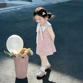 Betterland แฟชั่น เดรสเด็กผู้หญิง สีชมพูโบว์ซาติน กุด ชุดเจ้าหญิงเด็กสาว 1-9 ปี
