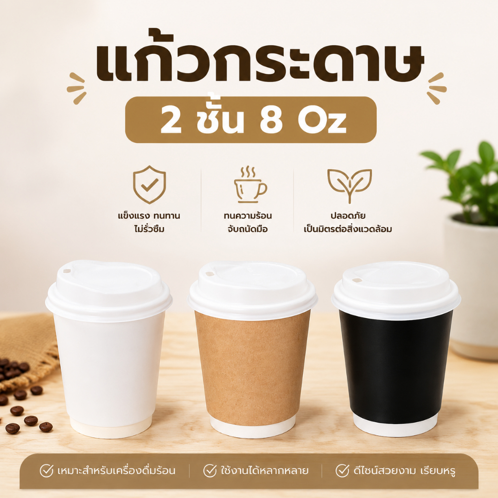 [แพ็ค25,50ใบ] แก้วกาแฟร้อนสองชั้น แก้วกระดาษ 8 ออนซ์ แก้วกระดาษ Double Wall (ไม่รวมฝา) ฝายกดื่มปาก 80mm. Greenpacks