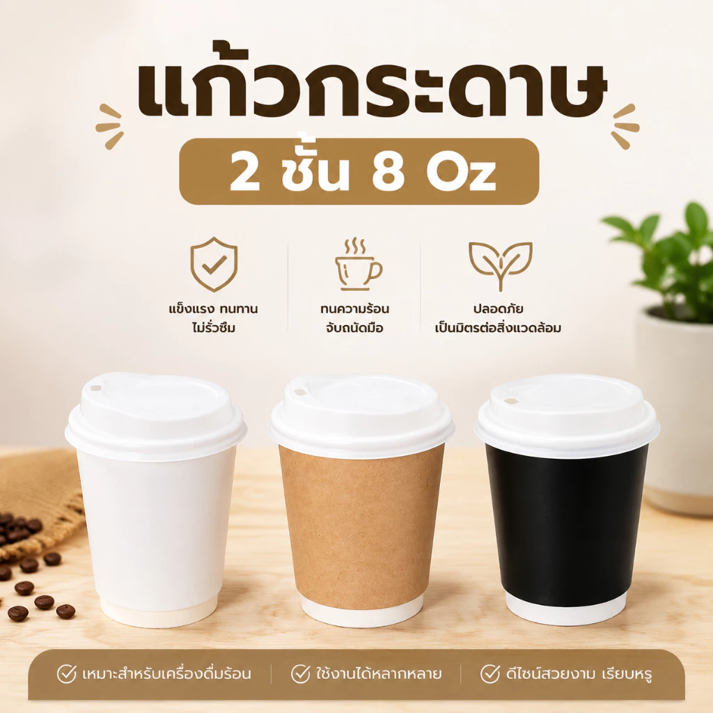 [แพ็ค25,50ใบ] แก้วกาแฟร้อนสองชั้น แก้วกระดาษ 8 ออนซ์ แก้วกระดาษ Double Wall (ไม่รวมฝา) ฝายกดื่มปาก 80mm. Greenpacks