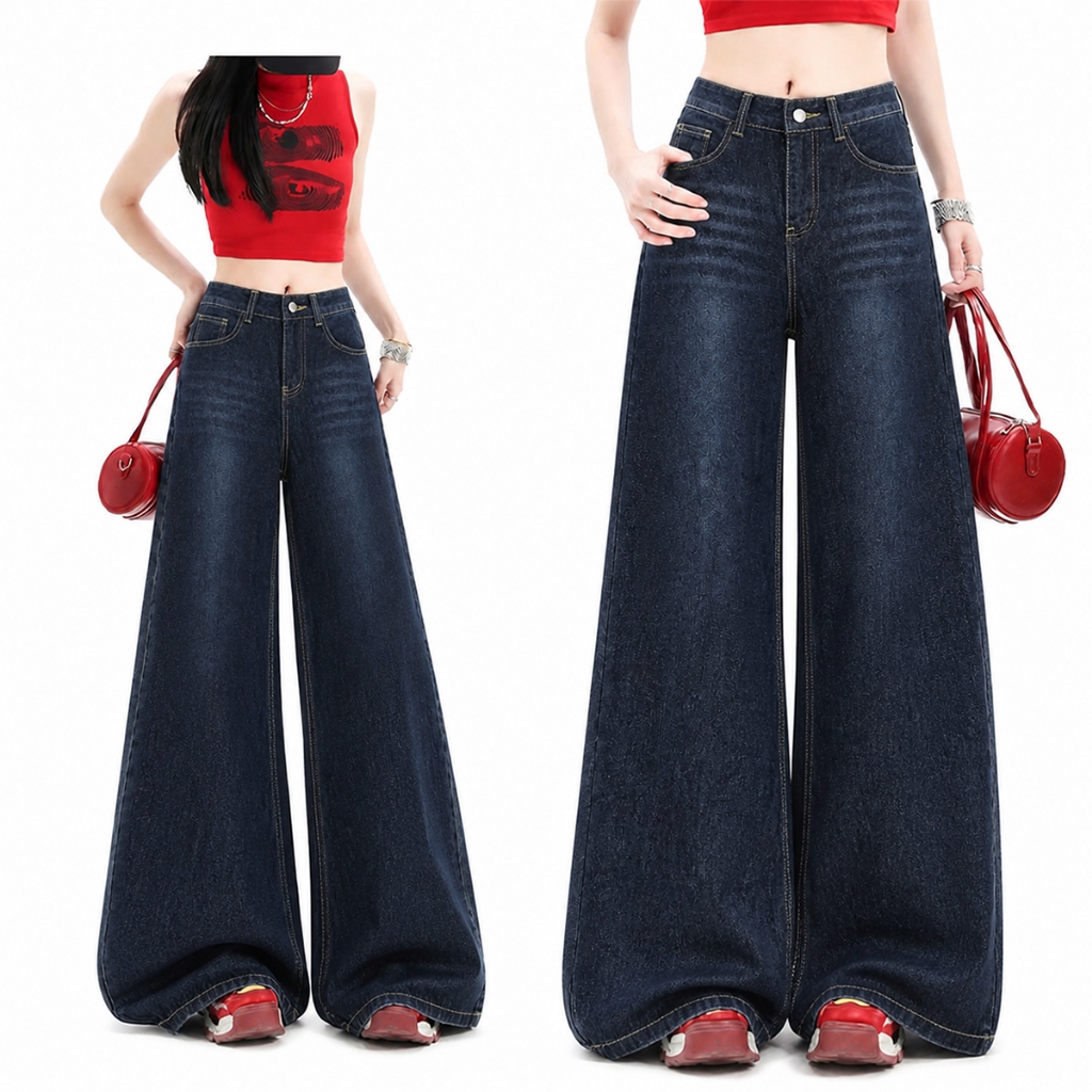 FLAER Denim Studio ส่งจากไทย กางเกงยีนส์ผู้หญิงขากว้าง เอวสูง สีกรมเข้ม ทรงหลวม ขายาวคลุมเท้า ใส่สบาย