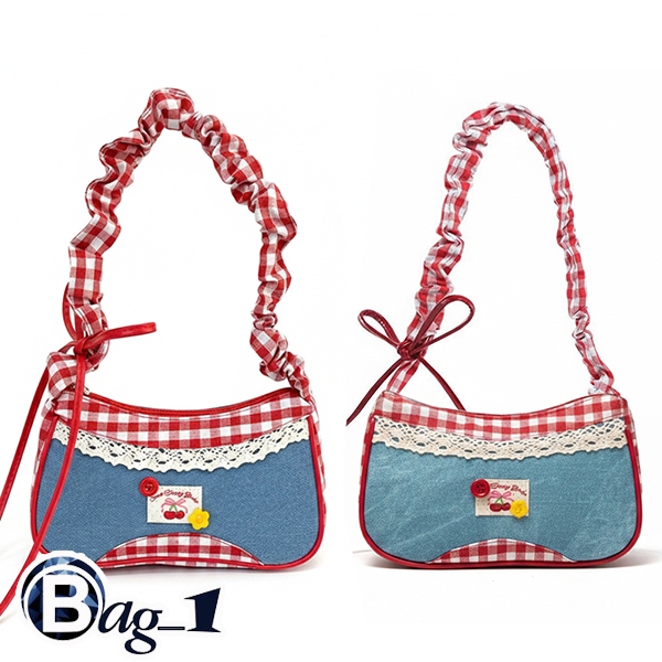 bag_1(BAG2454) กระเป๋าถือสะพายไหล่ลายยีนส์สก็อตแดงใบเล็ก ปรับสายย่นน่ารัก