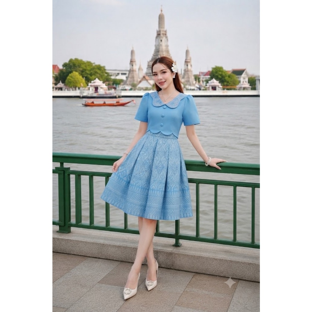 KS853 ชุดเดรสผ้าทอลาย คอผีเสื้อ กระเป๋าบาน8ชิ้น งานอัดกาวทั้งชุด ซิปซ่อนหลัง (S-5XL)