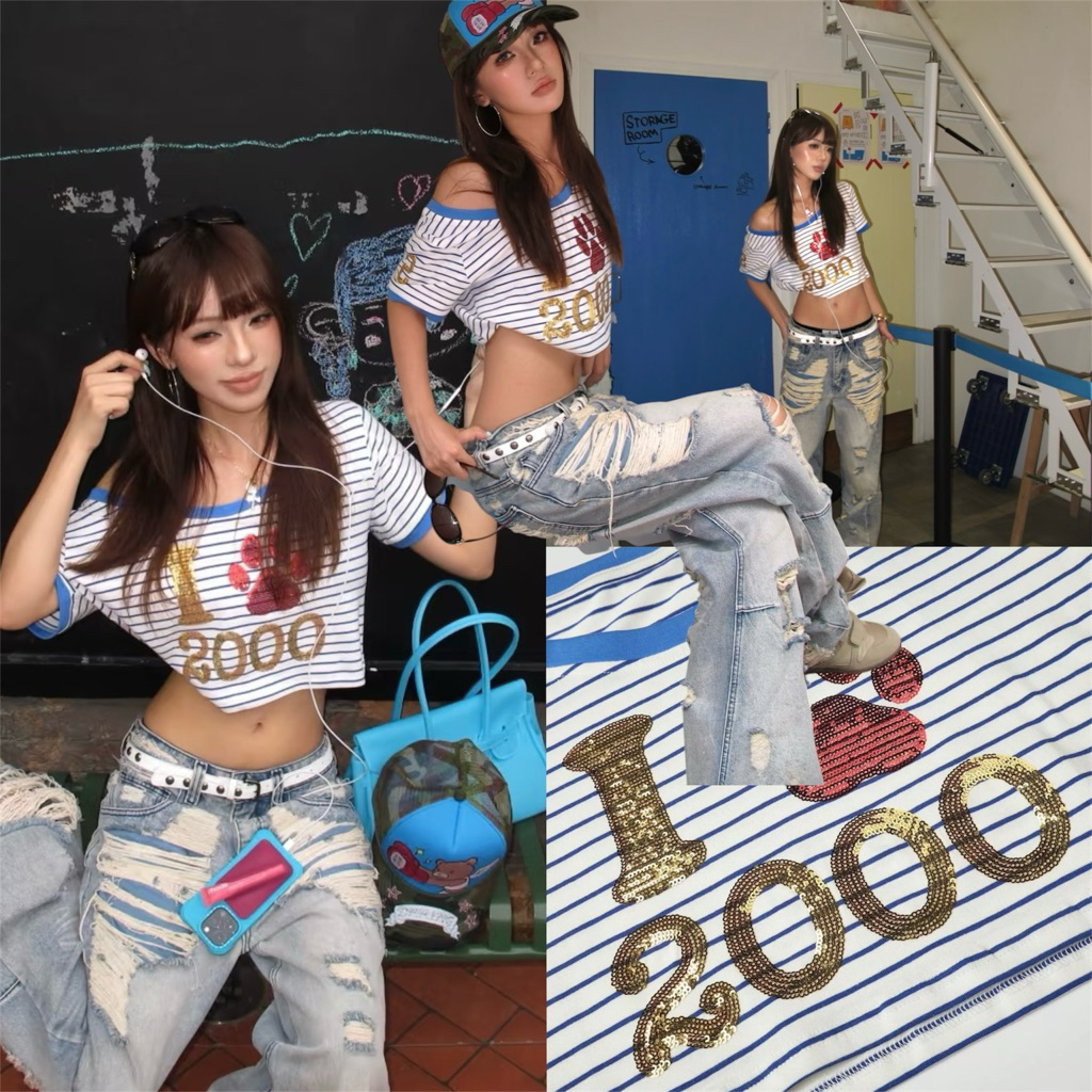 เสื้อcropลายทาง I❤️2000 สไตล์เกาหลี พสจีน ผ้าcottonเนื้อนุ่ม ใส่สบายผิว