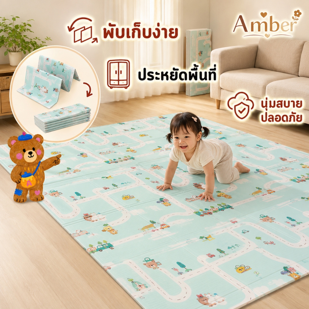 แผ่นรองคลาน เสื่อรองคลาน ฟู้ดเกรด แบบพับได้ 2ด้าน2ลาย ลายพาสเทลยอดฮิต สัมผัสนุ่ม กันน้ำ100%