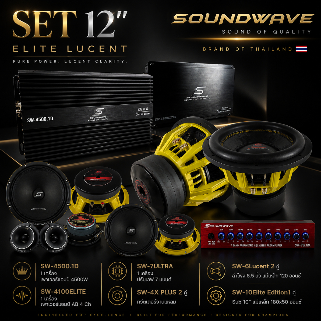 ชุดเครื่องเสียงรถ SET 12 Edition Lucent SOUNDWAVE Hi-End | ซับ-เพาเวอร์-ลำโพง 6.5 / 4 / EQ ชุดเครื่องเสียงรถยนต
