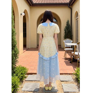 (มี3XL) Sun Shine Dress เดรสยาวผ้าคอตตอนตัดต่อผ้าลูกไม้ ปกคอบัวงานปักแต่งโบว์หน้า ซิปหลัง มีซับใน